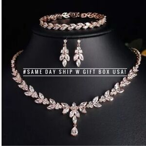 Rose Gold Necklace Set Crystal Rhinestone Statement Wedding Bridal Jewelry Set